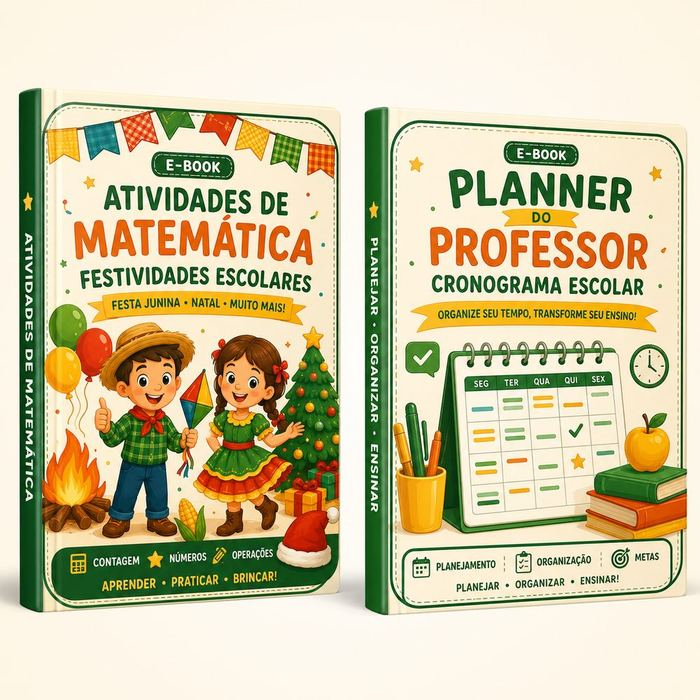 Capas dos dois bônus: E-book de Atividades de Matemática com Festividades Escolares e Planner do Professor com Cronograma Escolar